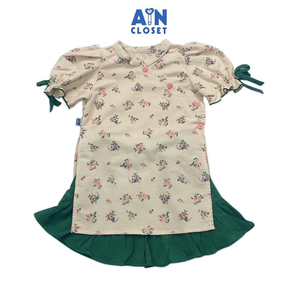 Áo dài váy bé gái họa tiết Hoa đỗ quyên xanh thô trà bông - AICDBG1KMMOT - AIN Closet