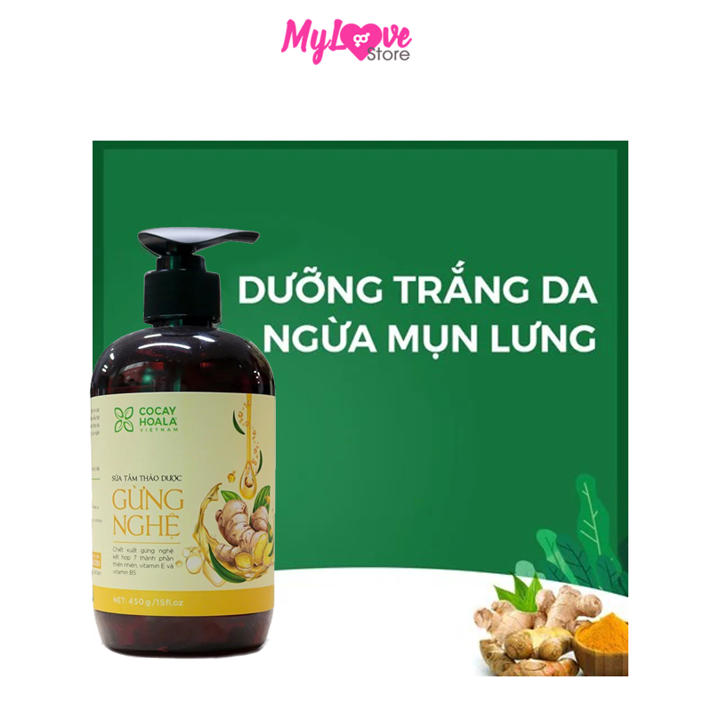 Sữa Tắm Thảo Dược Gừng Nghệ Cocayhoala Phòng Cảm Tránh Gió - Dưỡng Trắng - Mờ Thâm - Ngăn Ngừa Mụm, Chai 450 gram