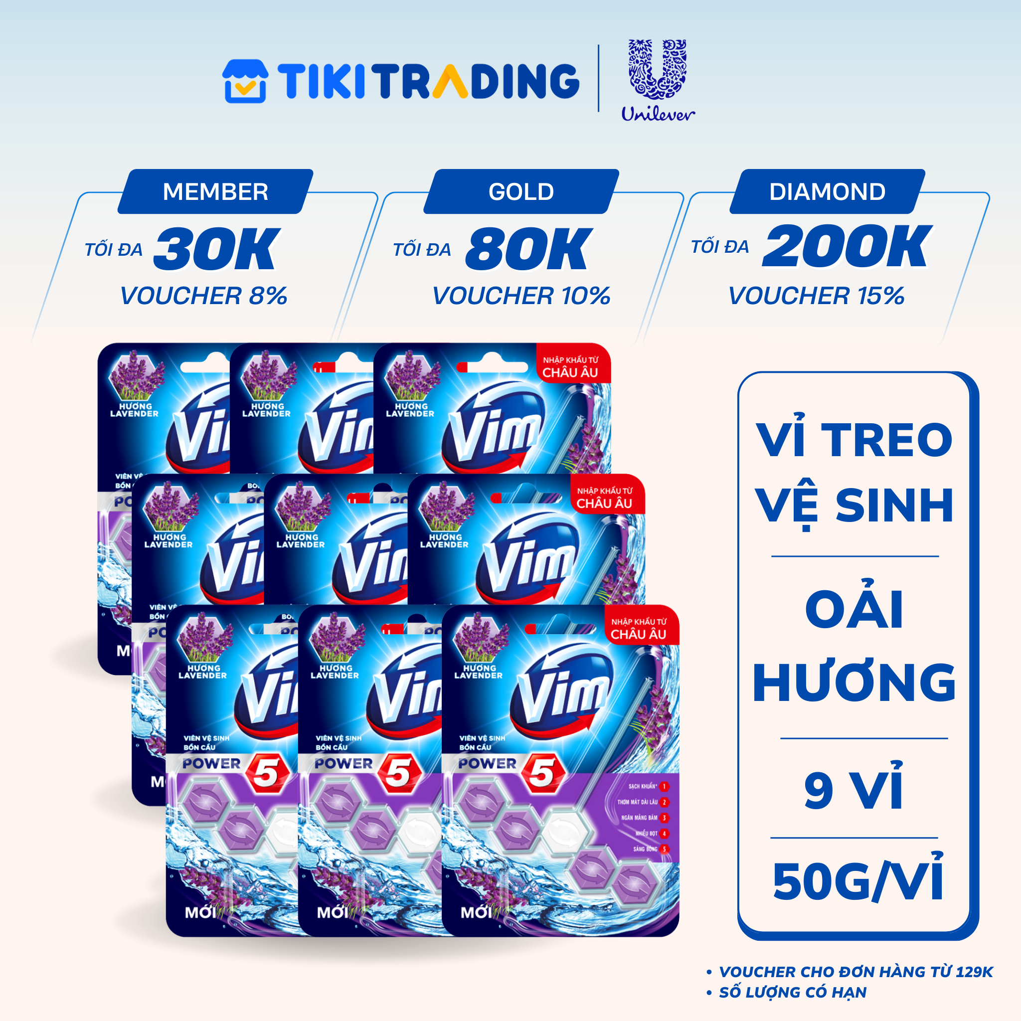 Combo 9 Vỉ Treo Tẩy Bồn Cầu Vim Power 5 Hương Oải Hương Sạch Khuẩn Thơm Mát 50G/Viên