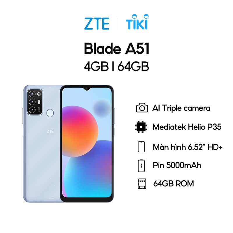 Điện thoại ZTE Blade A52 4GB l 64GB, Pin 5000mAh, Màn hình 6.52", Camera AI Triple - Hàng chính hãng