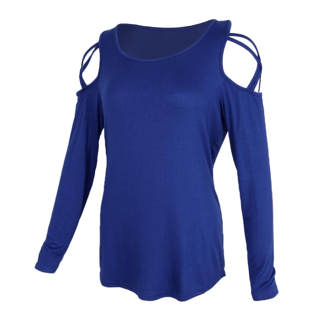 Women Solid Strappy Cold Shoulder Tops Long Sleeves T Shirt Blouse