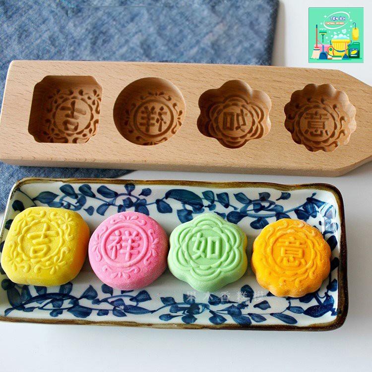 Khuôn bánh trung thu bằng gỗ. 1 khuôn có 4 hình. Gỗ thịt cao cấp, an toàn cho sức khỏe - BT107