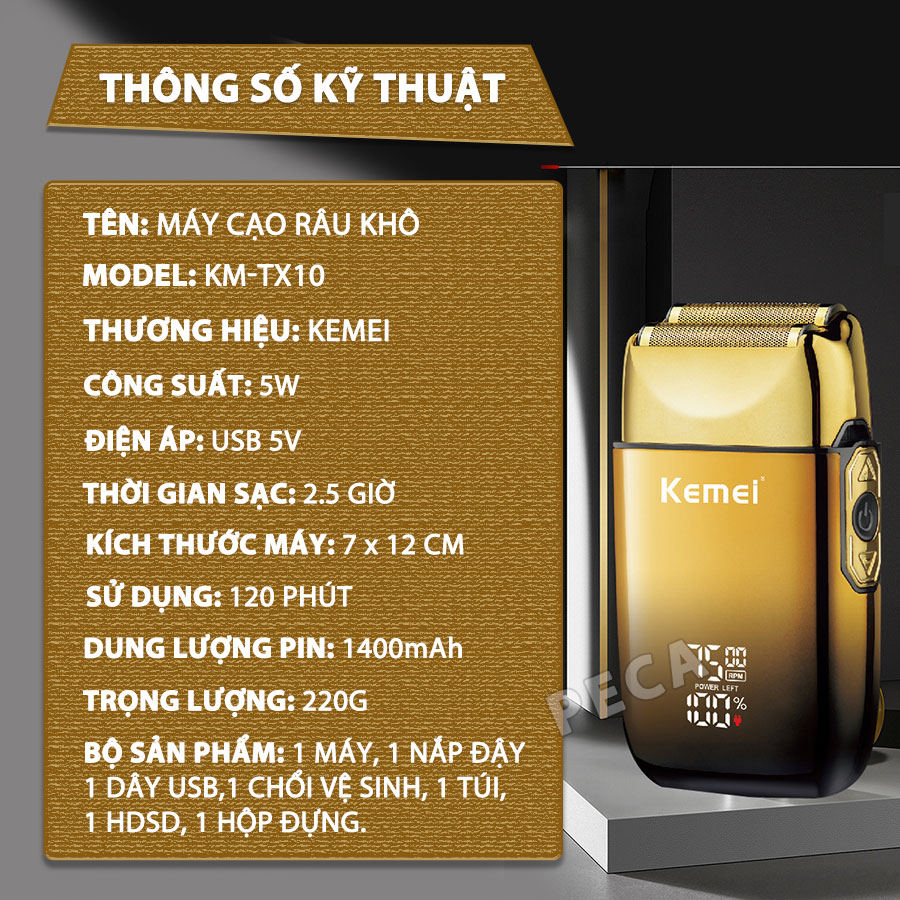 Máy cạo râu Kemei KM-TX10 điều chỉnh 3 mức tốc độ, màn hình LCD, công suất mạnh mẽ 5W - Hàng chính hãng