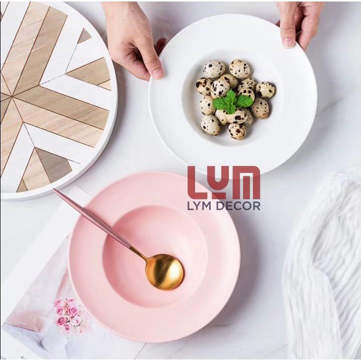 Đĩa sâu lòng 24cm phong cách Bắc Âu, đĩa mì Ý màu pastel miệng loe - Chất sứ cao cấp xuất khẩu