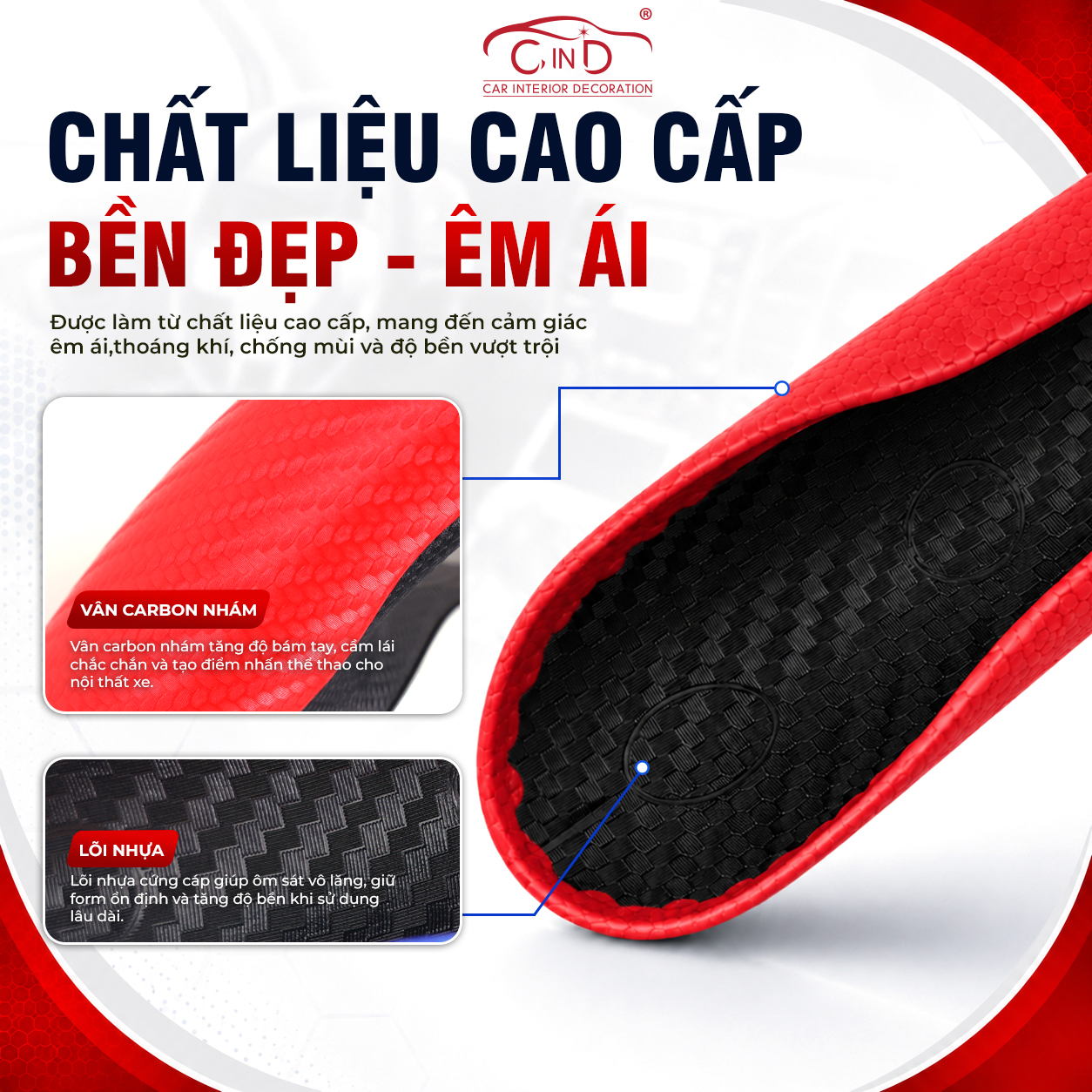Ốp Bọc Vô Lăng CIND Carbon Nhám Thể Thao Mỏng Nhẹ Chống Trượt Phù Hợp Nhiều Dòng Xe