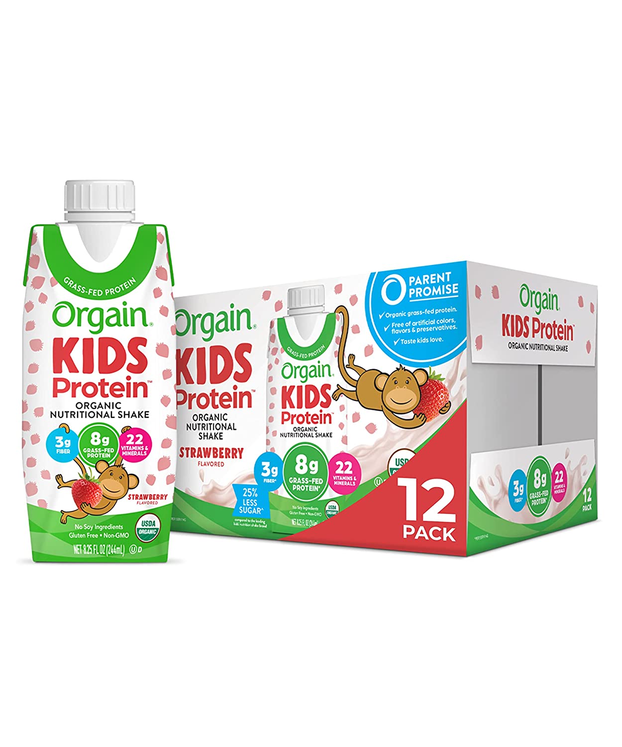 Thùng 12 Hộp Sữa nước Protein hữu cơ Orgain Kids Protein Vị Dâu 244ml x 12 . Date 09/2024