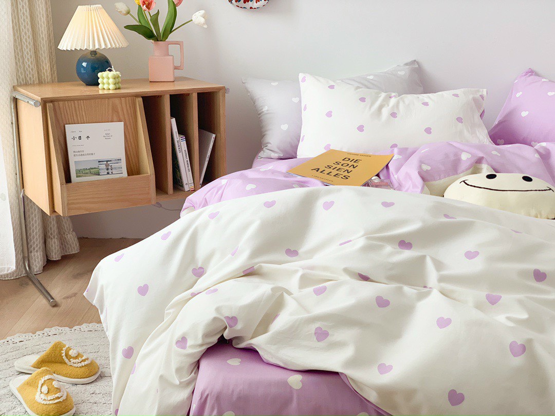 Bộ chăn ga gối 2 mặt cotton LIDACO PL1 - Tim tím trắng SP001451