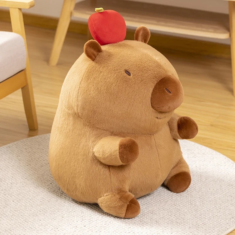 Thú nhồi bông Capybara đội quả táo đỏ - Size 42cm - Quà tặng gấu bông chuột lang lông mềm mịn đáng yêu