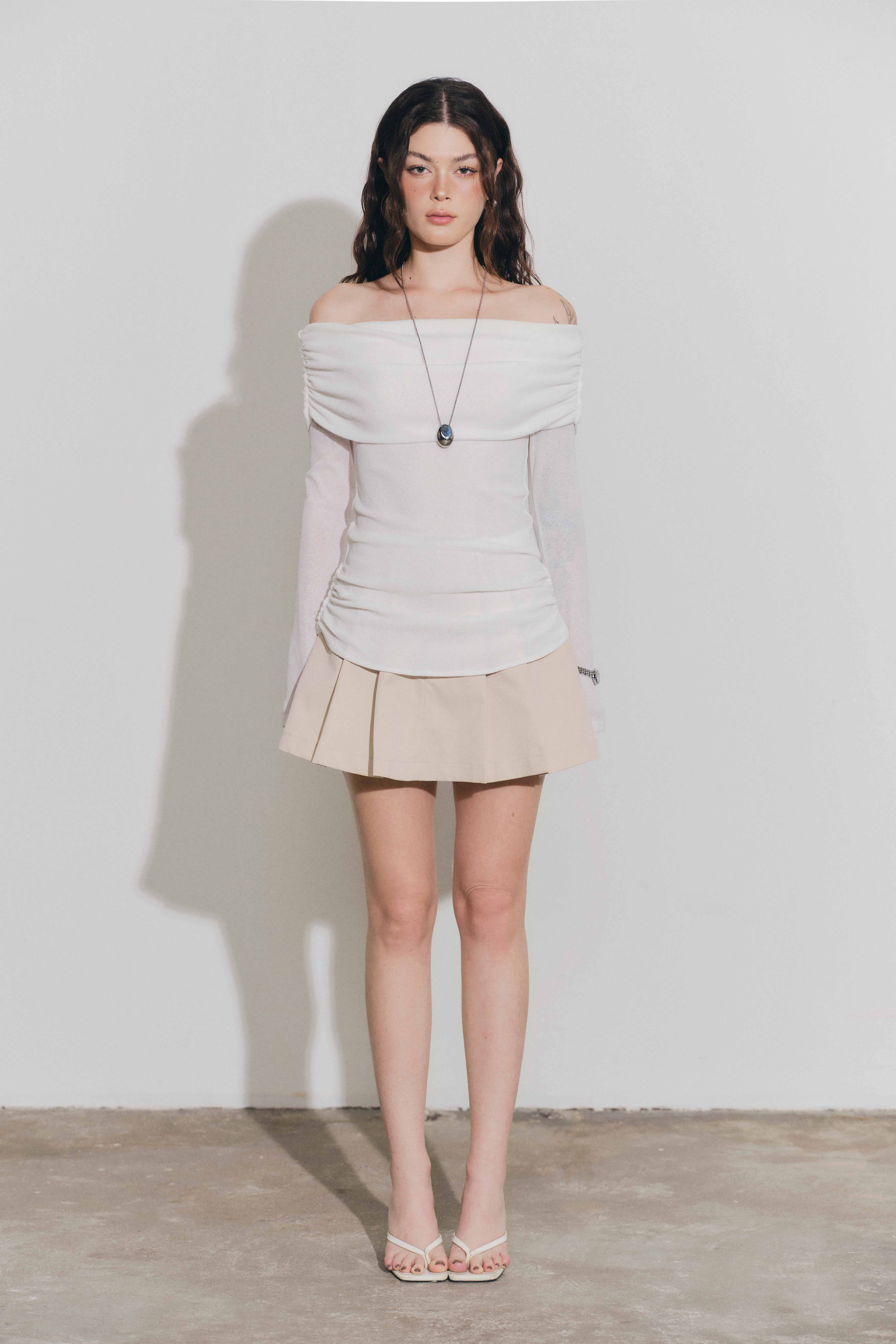 DOTTIE - Váy ngắn xếp ly phối vải - Beige - S0294