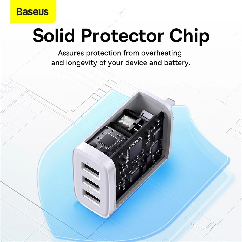 Cóc củ sạc nhanh 17W đa năng 3 cổng USB A hiệu Baseus Compact Charger 3U trang bị chip sạc thông minh,  công nghệ tản nhiệt BCT, chân cắm US-UK - hàng nhập khẩu