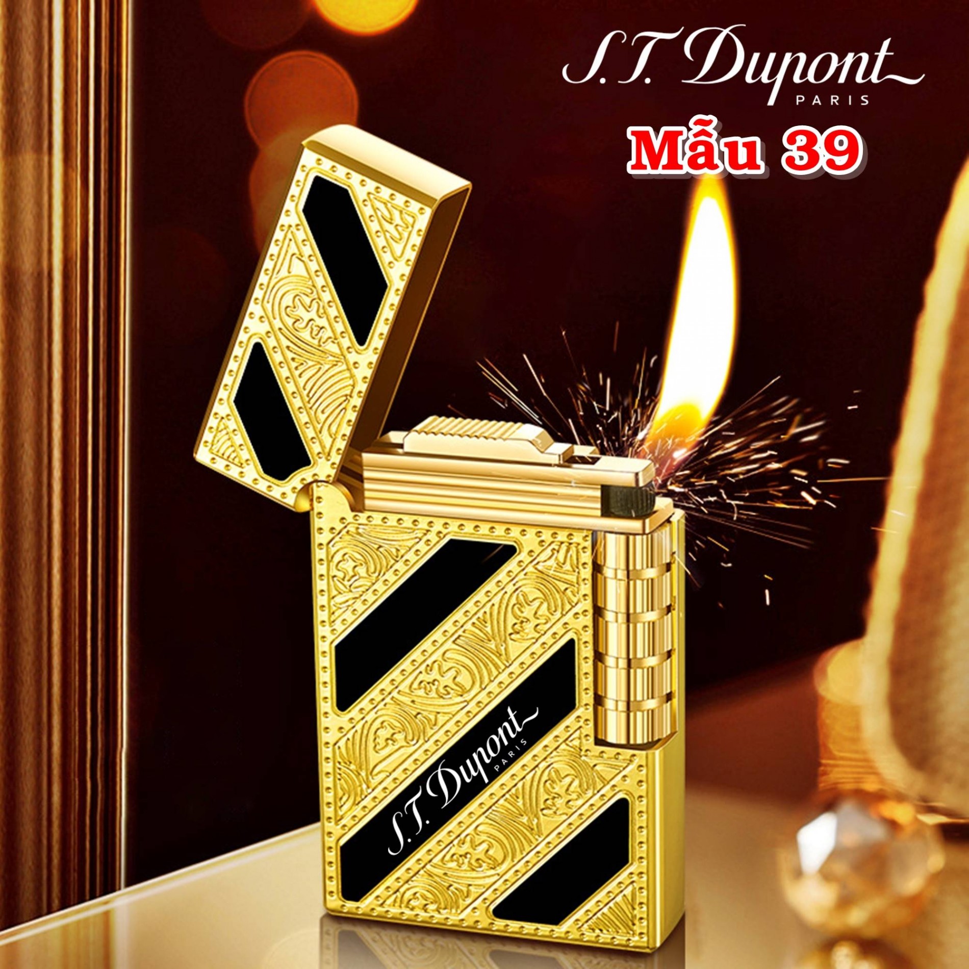 Hột quẹt bật lửa Dupont hoa văn sọc đen xéo M39 - xài gas
