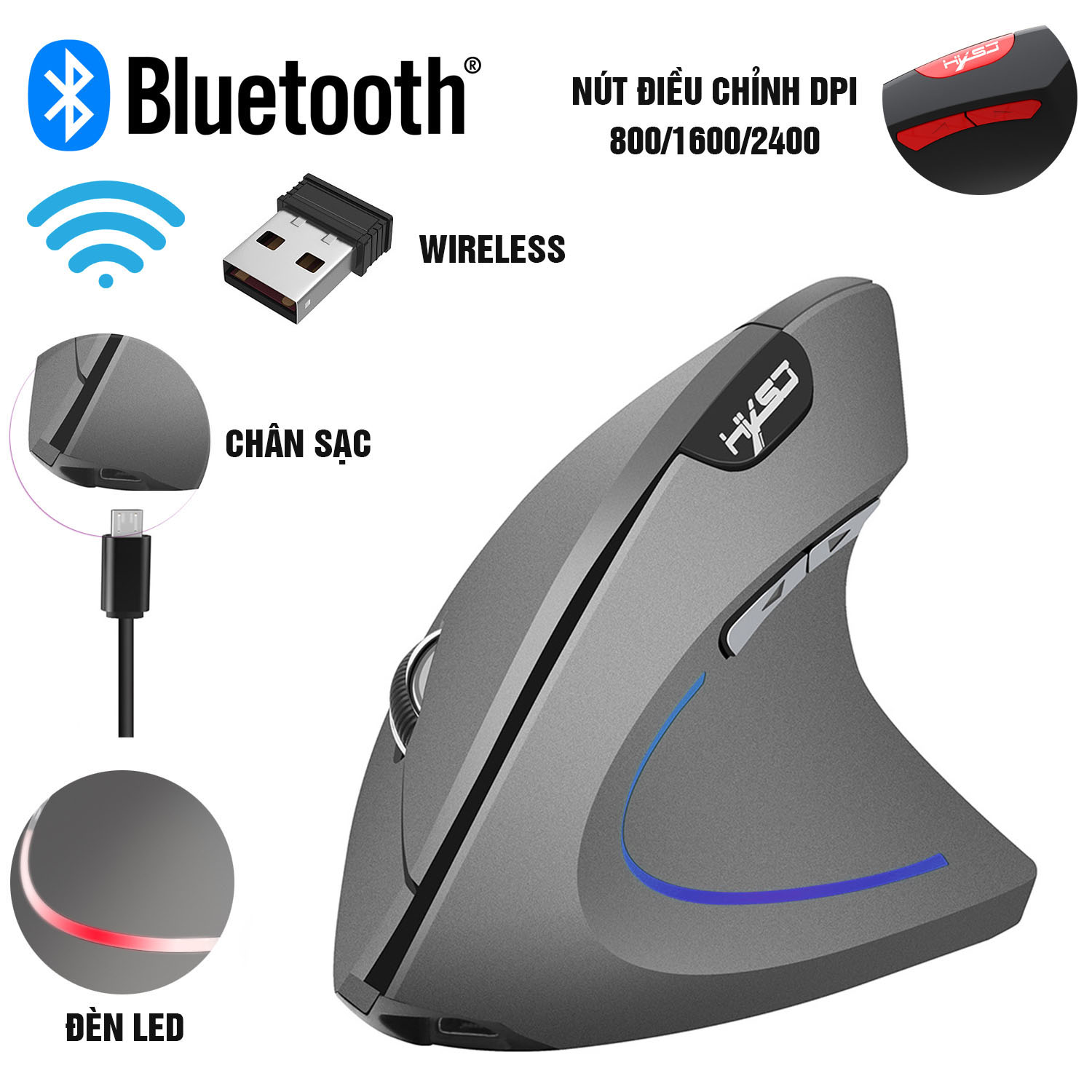 Chuột đứng không dây Wireless 2.4G, Bluetooth, DPI điều chỉnh 3 cấp, cho Gaming, Văn phòng, Designer 6 nút, chống mỏi cổ tay Dan House HXSJ T24, T24, T29, Pin sạc- Hàng chính hãng