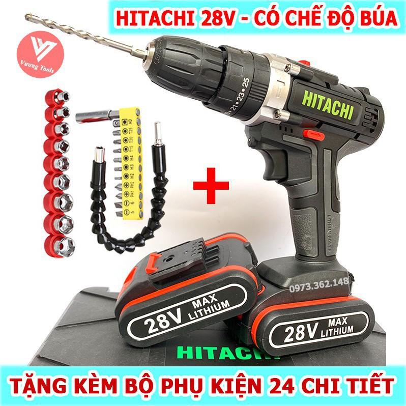 Máy Khoan Hitachi 28V 3 chức năng, Khoan Pin Bắt Vít Kèm Bộ Phụ Kiện 24 Món