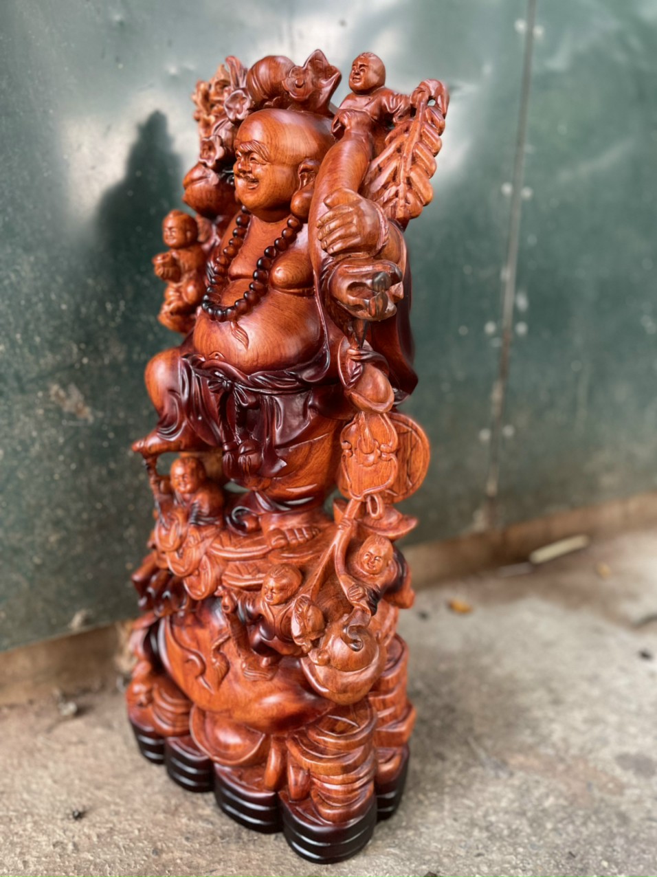 Tượng phật di lặc ngũ phúc bằng gỗ hương đá tô mầu giả cổ kt 60×24×15cm