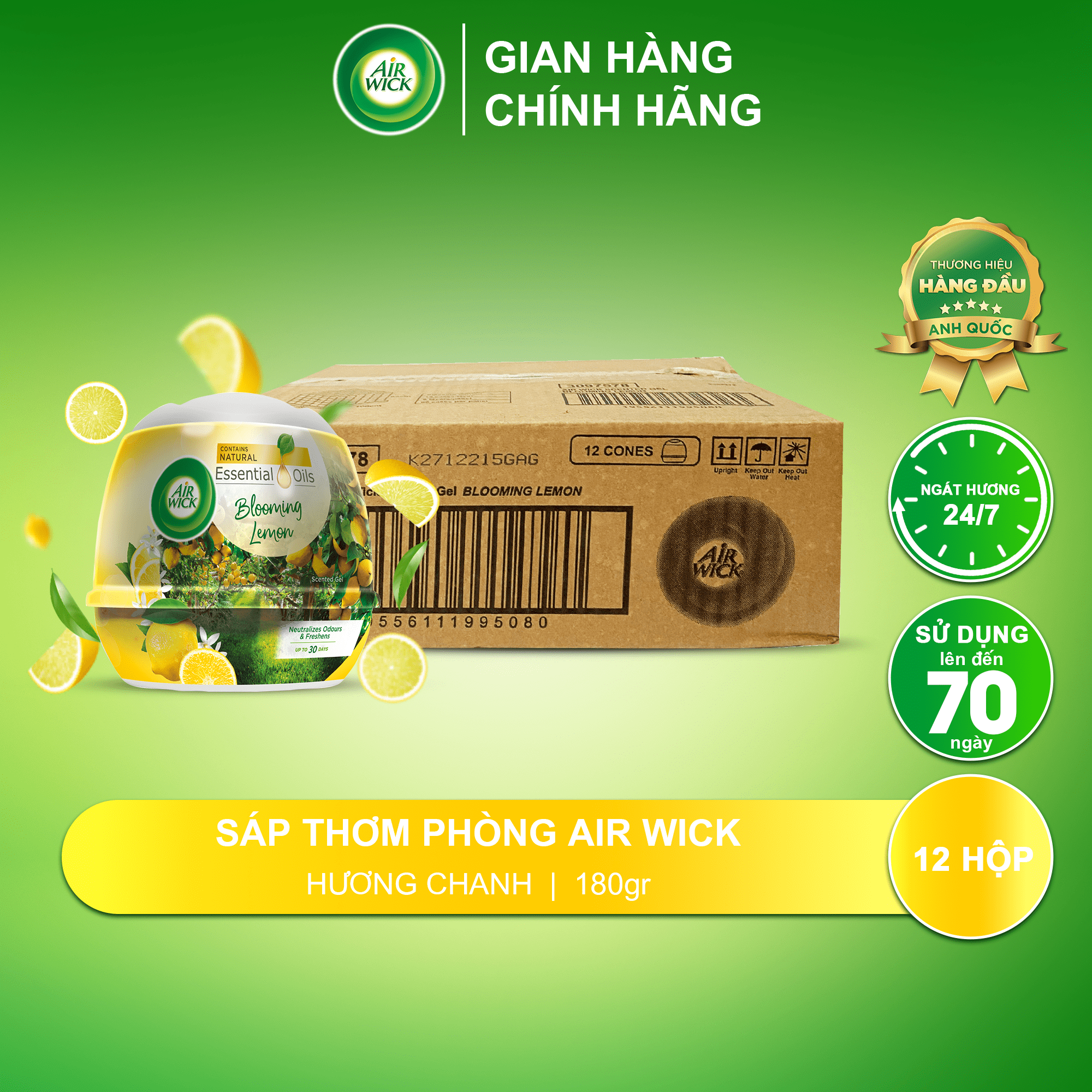 Thùng Sáp Thơm Phòng AIRWICK - 12 Hộp Hương Chanh, Anh Quốc, Hương Thơm Thư Giãn Cho Mọi Không Gian(180g)
