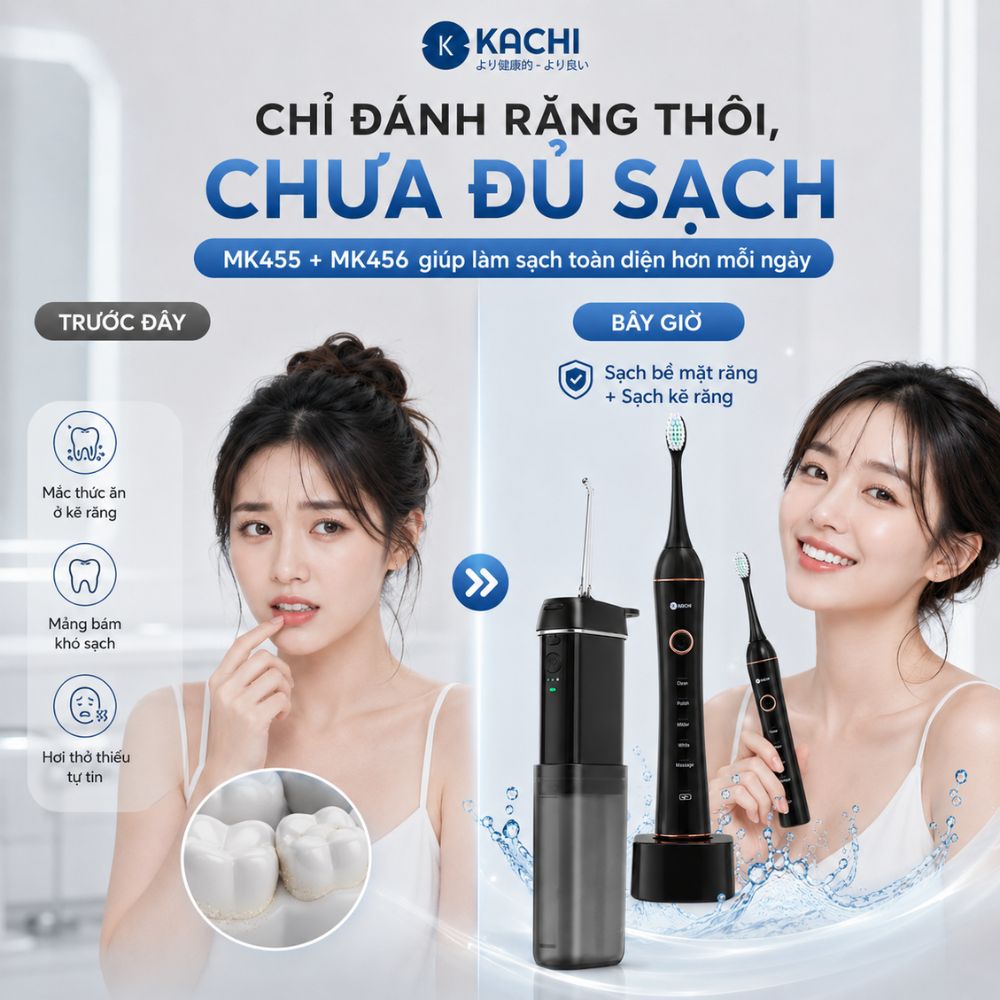 COMBO chăm sóc răng miệng toàn diện Kachi bàn chải điện làm sạch bề mặt răng + tăm nước làm sạch kẽ răng - hàng chính hãng