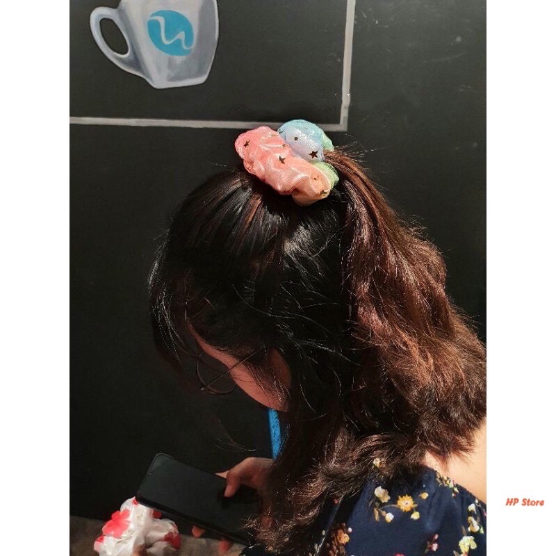 Dây Cột Tóc Nữ, Bé Gái Cầu Vồng 7 Màu Ngôi Sao Scrunchies 2 Lớp Phồng To