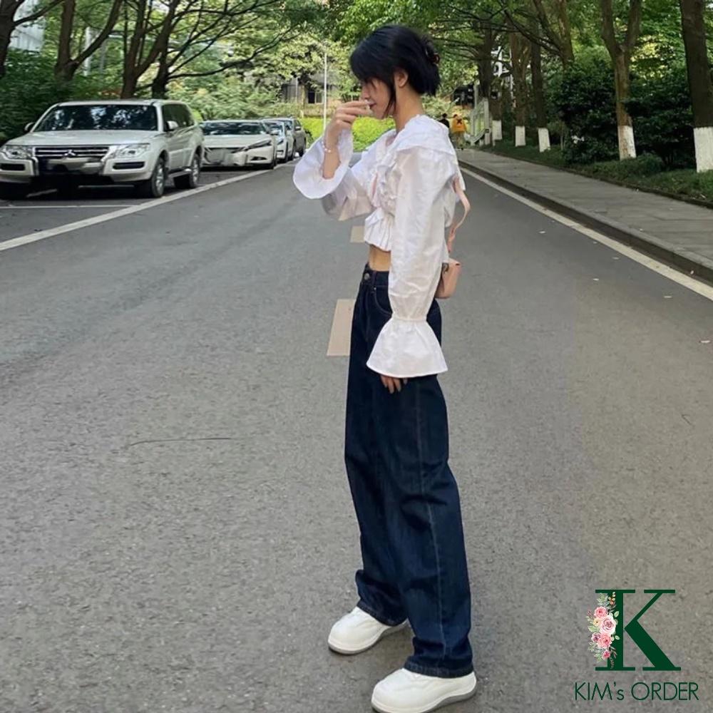 Quần Jean Nữ Màu Xanh Than Đậm Ống Suông Phom Rộng Dài Lưng Cạp Cao Phong Cách Ulzzang Hàn Quốc Cá Tính Báic Năng Động