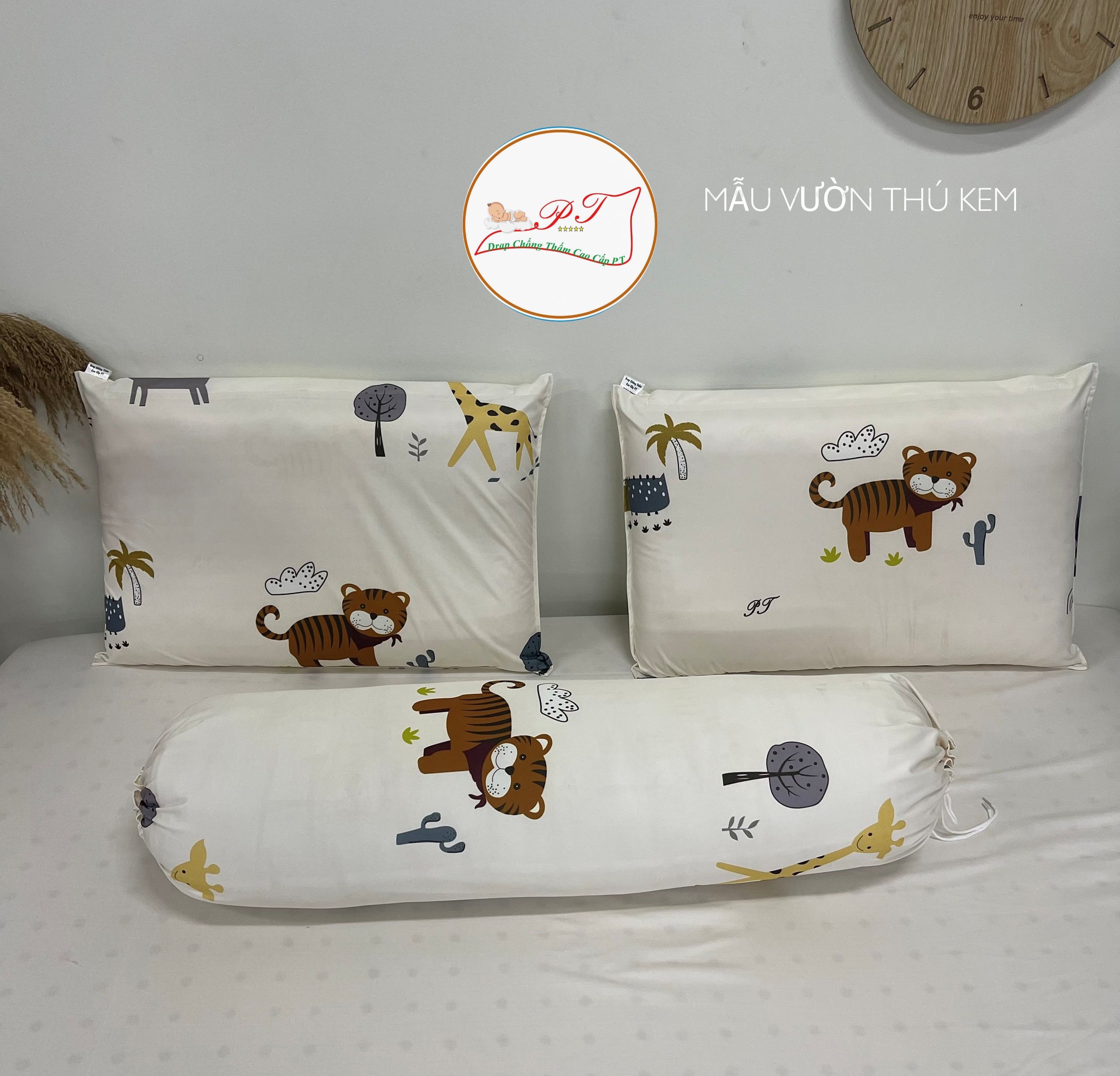 Drap Chống Thấm PT Họa Tiết Vườn Thú Kem