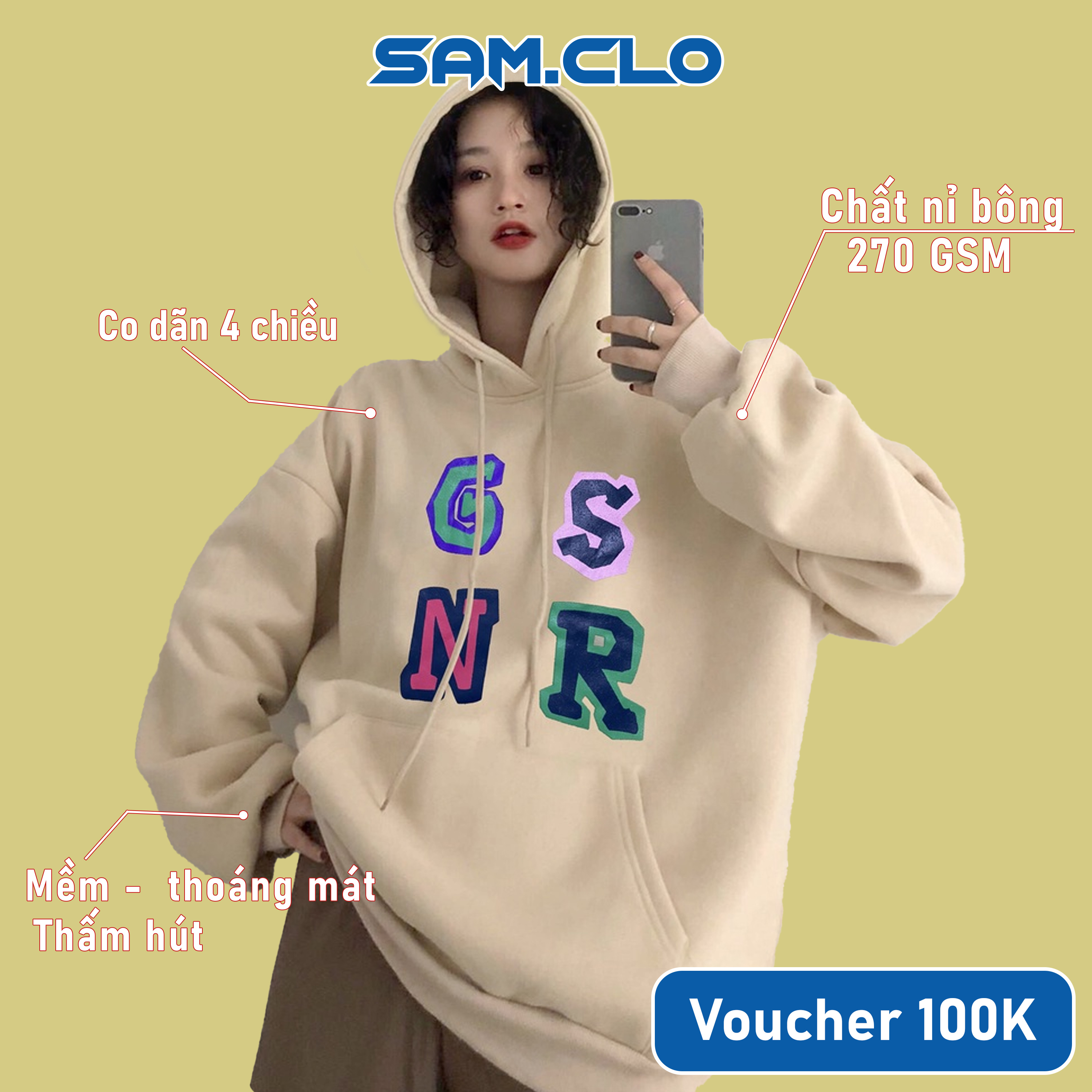 ÁO KHOÁC NỈ SAM CLO nữ freesize hoodie có mũ tay dài thu đông dáng unisex in NHIỀU MÀU GSNR