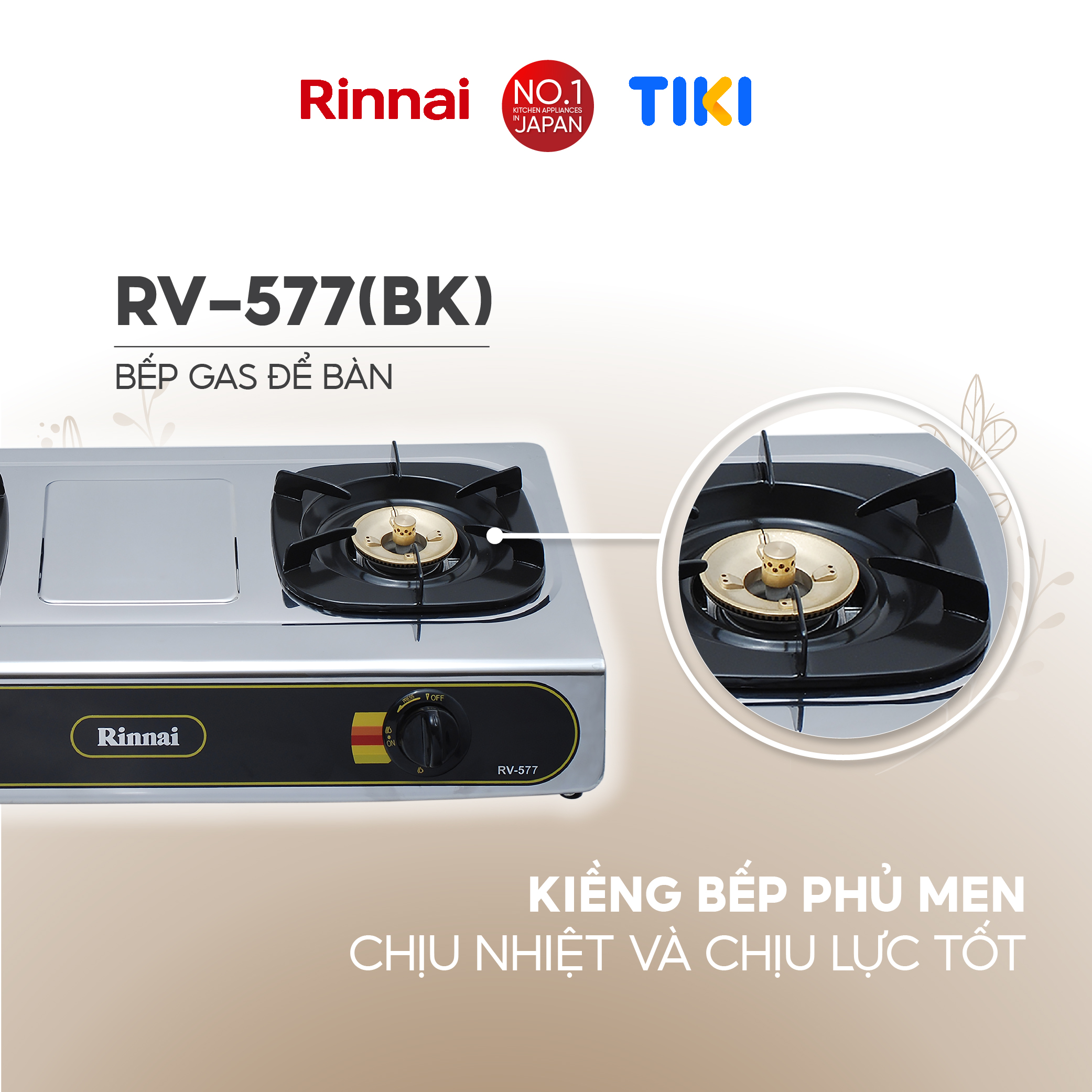 Bếp gas dương Rinnai RV-577(BK) mặt bếp inox và kiềng bếp men - Hàng chính hãng.