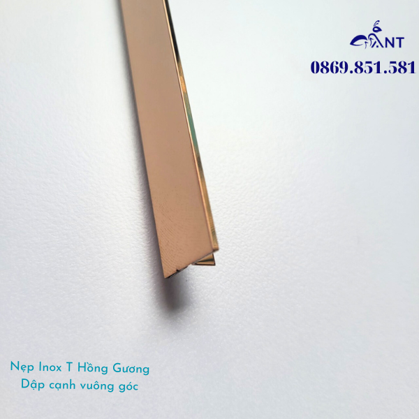 Nẹp T Inox 304 hồng gương, nẹp inox chữ T, dày 0.8li, thanh dài 2m44, chỉ tường, ron sàn