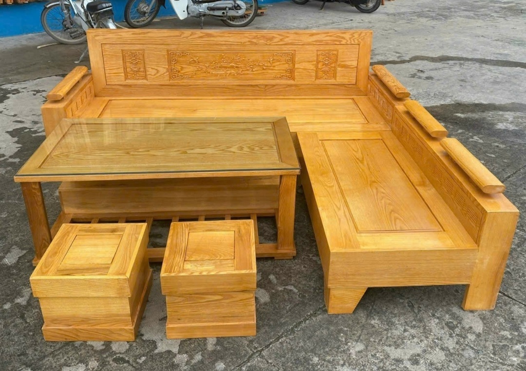 Bộ sofa góc L-2m25 gỗ sồi mặt liền. Bàn ghế sofa hiện đại gỗ sồi nga 5 món