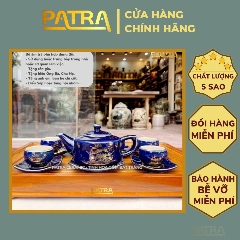 Bộ ấm chén uống trà cao cấp , bộ ấm trà Bát Tràng - thuận buồm xuôi gió xanh coban