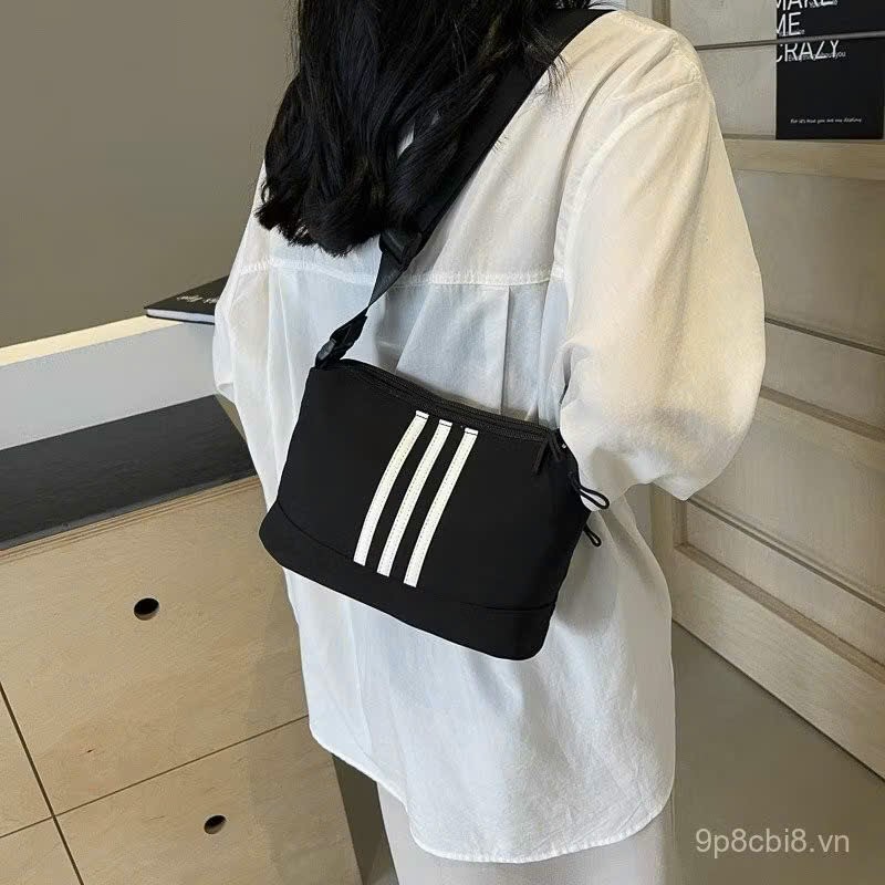 Túi Xách Sọc Đen Nữ Vải Nylon – Túi Đeo Vai Dây Kéo 3 Lớp, Phong Cách Hàn Quốc - HÀNG CHÍNH HÃNG MINIIN
