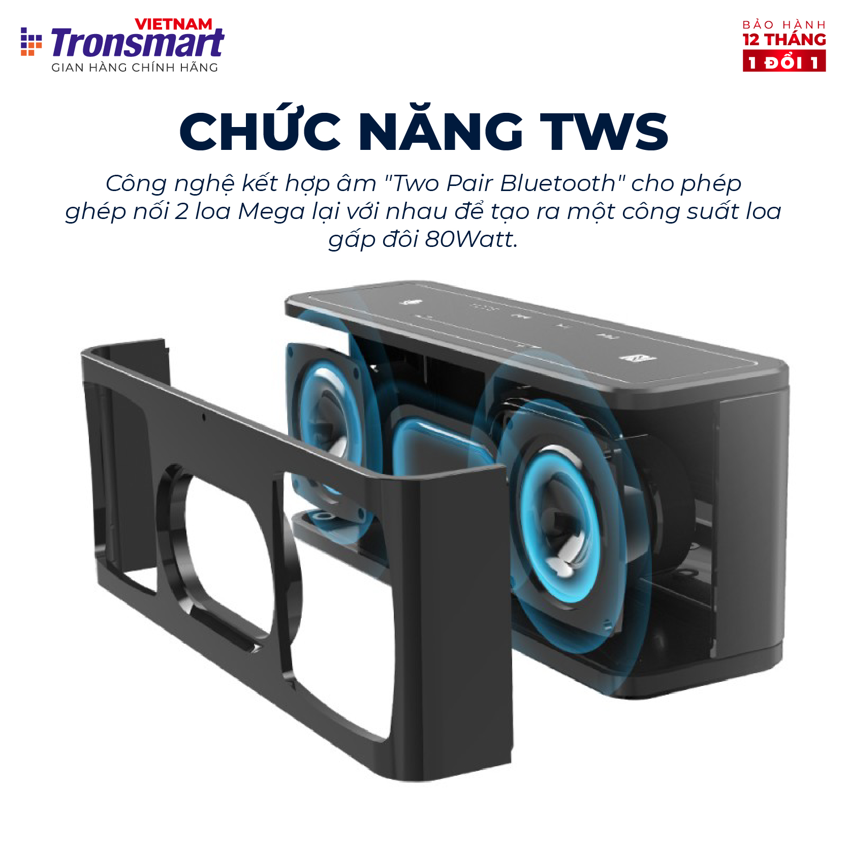 COMBO Loa Tronsmart Mega và hộp đựng chống shock - Công suất 40W - Hỗ trợ TWS và NFC ghép đôi 2 loa - Hàng chính hãng