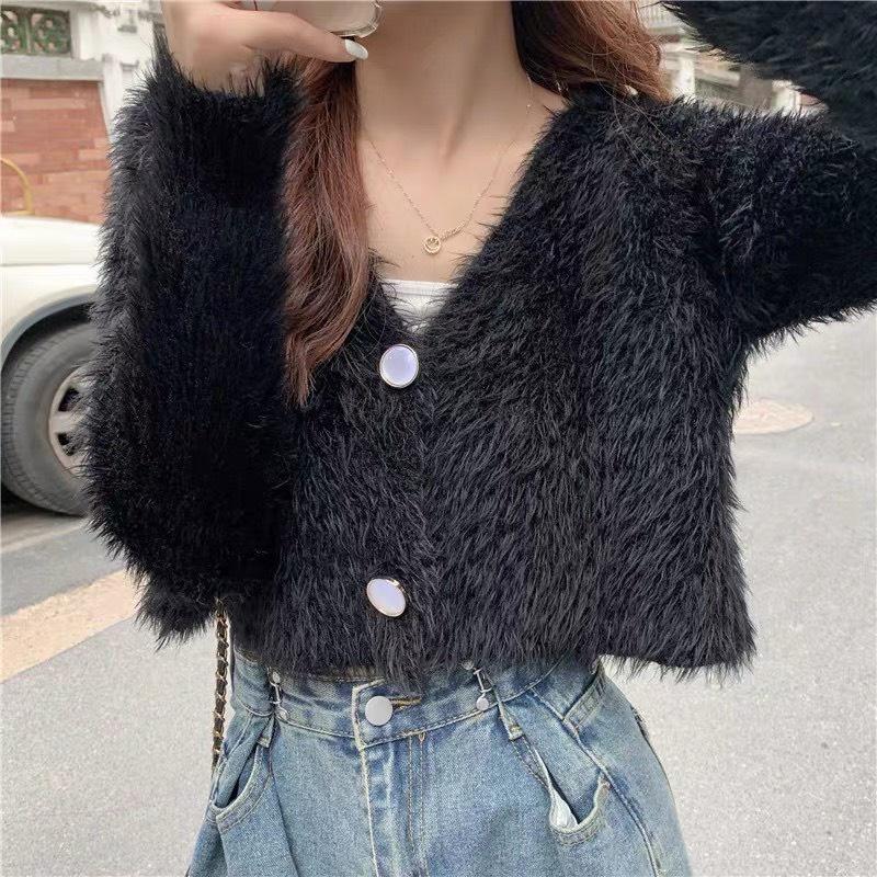 Áo khoác cardigan lông thỏ dáng lửng, áo len nữ croptop hàng QUẢNG CHÂU CDG3