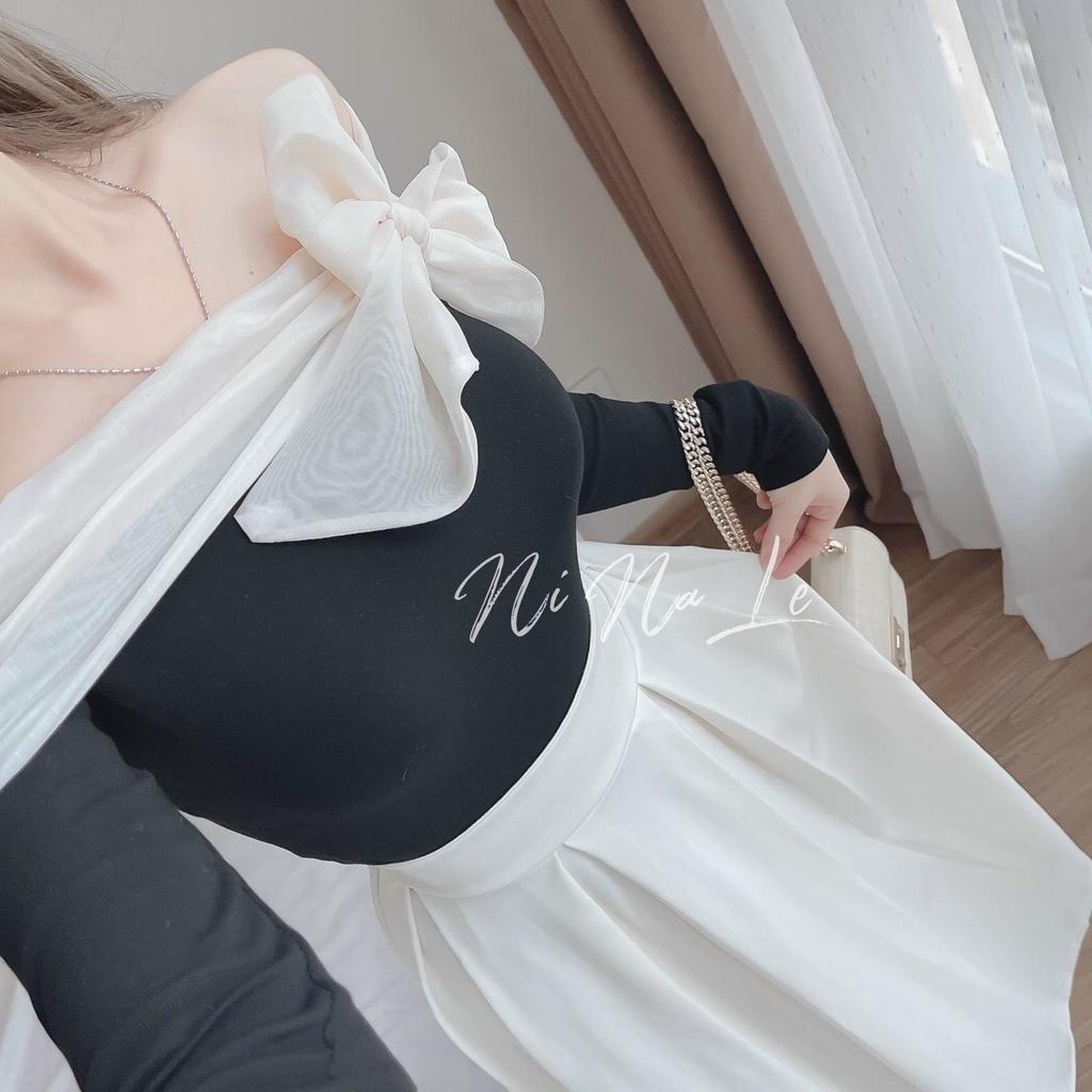 FREE SHIP váy áo tay dài phối nơ trên vai cực xinh kèm chân váy dáng xòe xếp ly tôn dáng sang chảnh KIM GIA DS