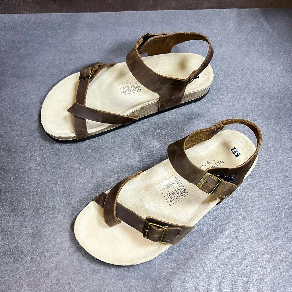 Dép đế trấu birken da bò sáp nam nữ unisex 2 khóa quai sandal xỏ ngón size 35 - 43 chính hãng Hishoo S108