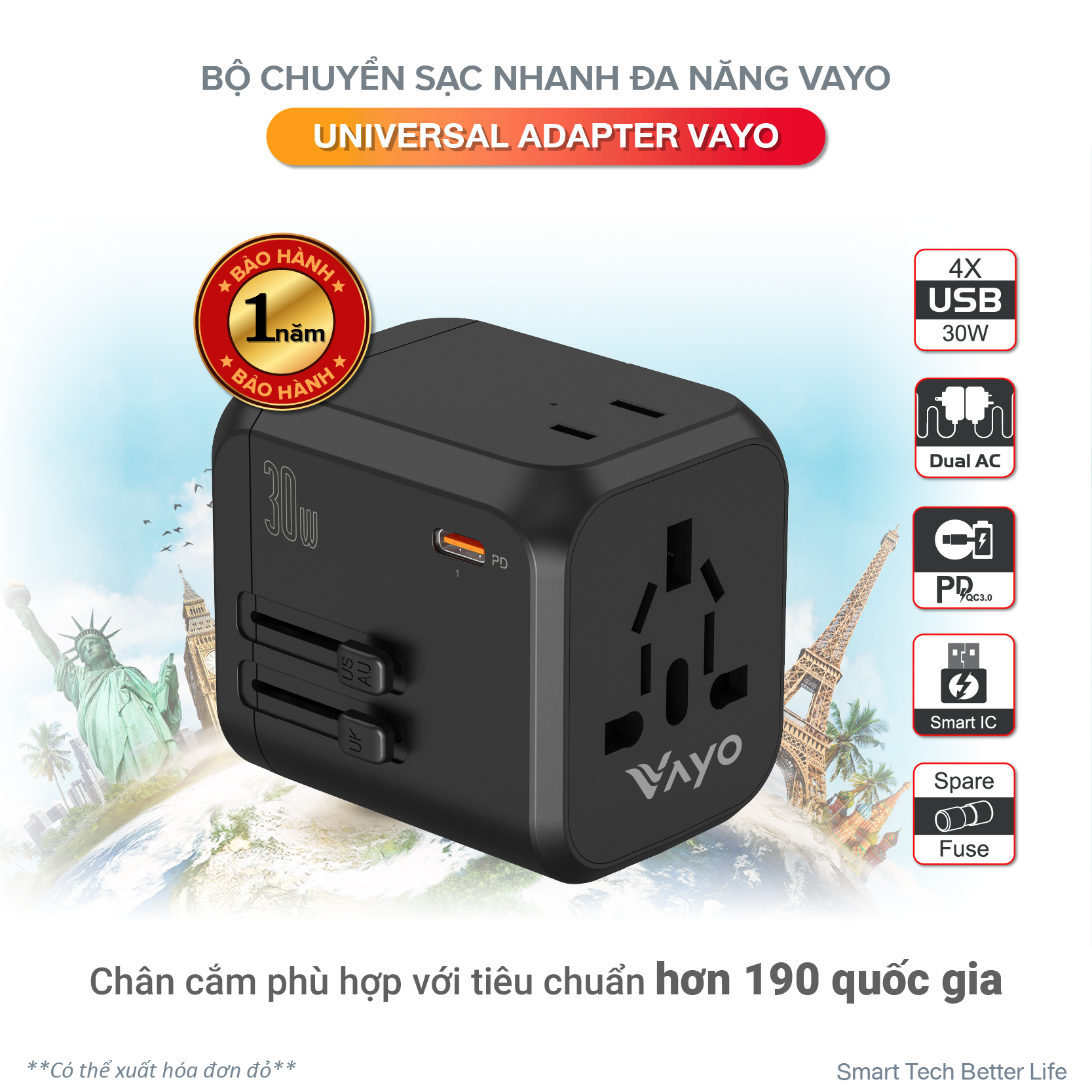 ổ cắm sạc du lịch đa năng 30W toàn cầu cho máy tính và điện thoại, dễ dàng sử dụng với ổ cắm điện đa quốc gia, bảo vệ thiết bị khỏi quá tải và quá nhiệt -Vayo Smart Univeral Adapter