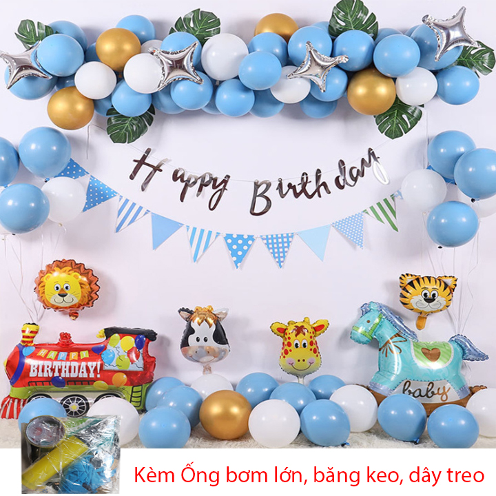 Bộ trang trí sinh nhật xe lửa và hươu cho bé - Sét bong bóng happy birthday có kèm bơm tay