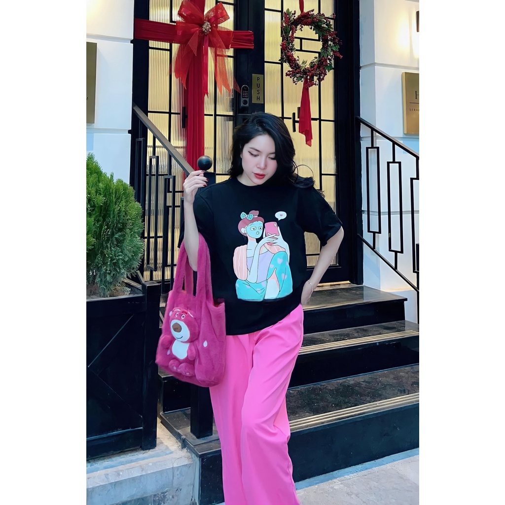 Đồ bộ Dài Áo Thun Cô Gái Quần Hồng Ống Rộng DOMIN