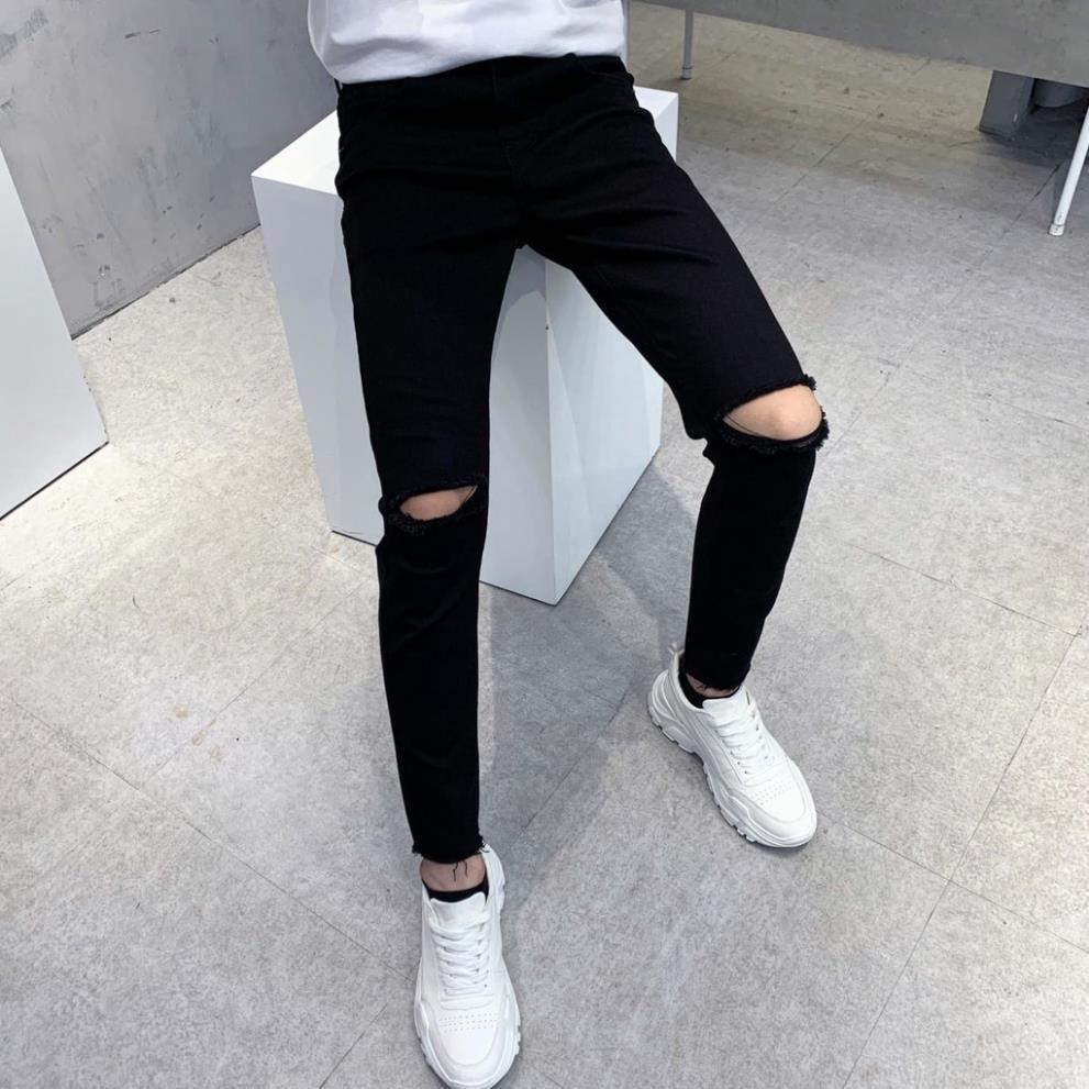 Quần Jeans Skinny Nam Rách Gối Màu Đen Vải Co Giãn Nhẹ, Không Phai Màu Phong Cách Hàn Quốc