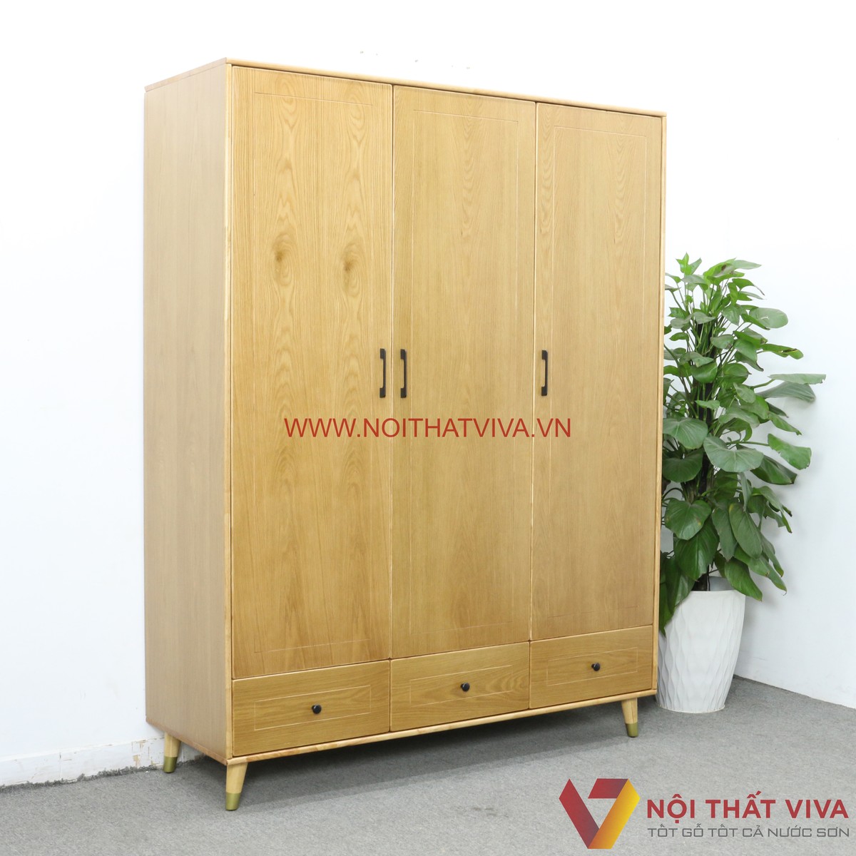 Tủ Quần Áo 3 Cánh Gỗ Tự Nhiên Màu Sồi Chân Cao Hiện Đại Đẹp Giá Rẻ