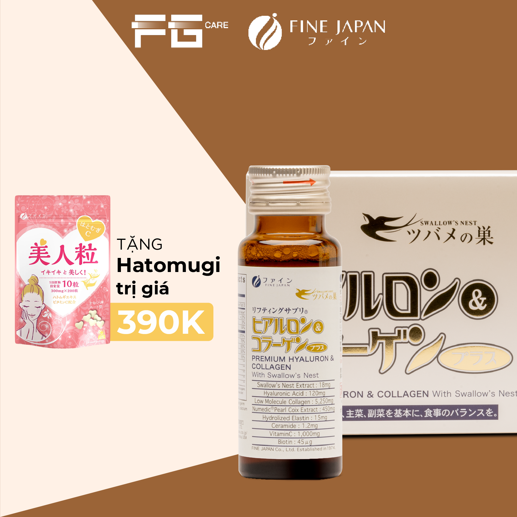 Nước Uống Collagen Tổ Yến Sào Nhật Bản Thượng Hạng Đẹp Da - Fine Japan Hyaluron Collagen Premium Swallow Nest Hộp 10 chai x 50ml