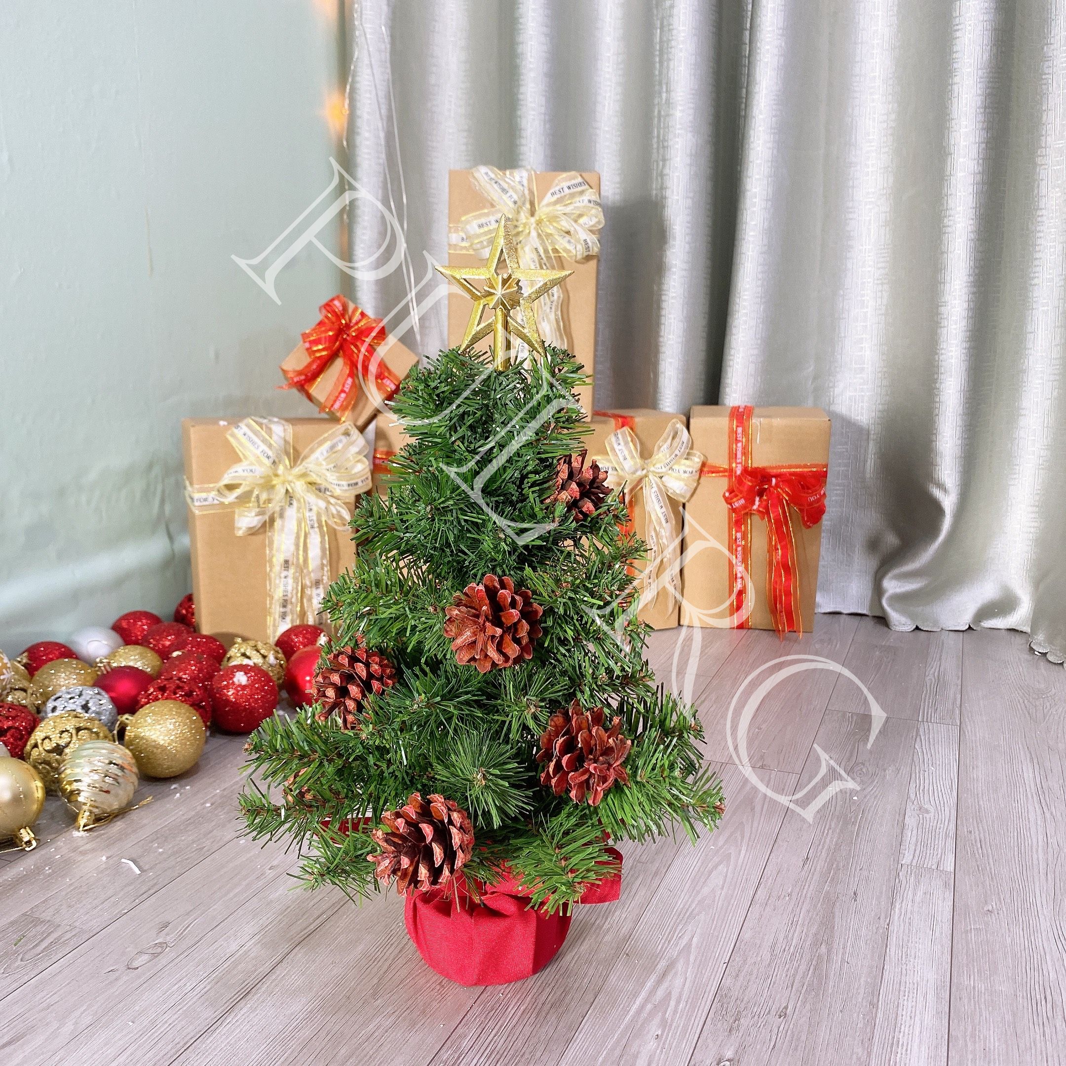 Cây thông noel mini để bàn XANH TRƠN GẮN TRÁI THÔNG trang trí decor giáng sinh