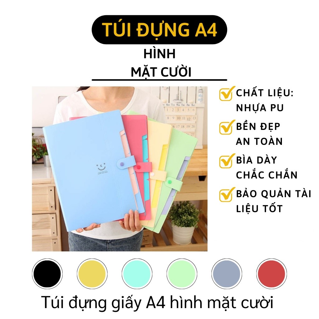 Túi đựng giấy A4/Bìa đựng hồ sơ hình mặt cười (32.5*23*1.9)-nhiều màu dễ thương