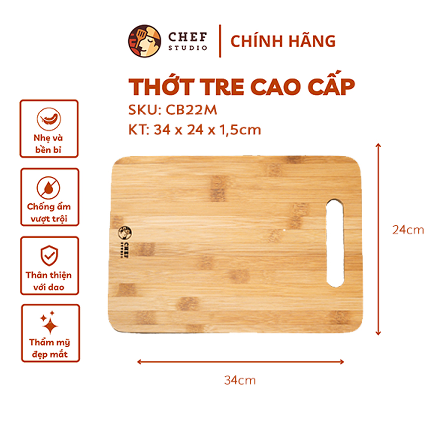 Thớt tre Chef Studio hình chữ nhật 34x24x1.5cm, MSP-CB22M. Cắt, thái rau củ, dùng decor món ăn, bày trí