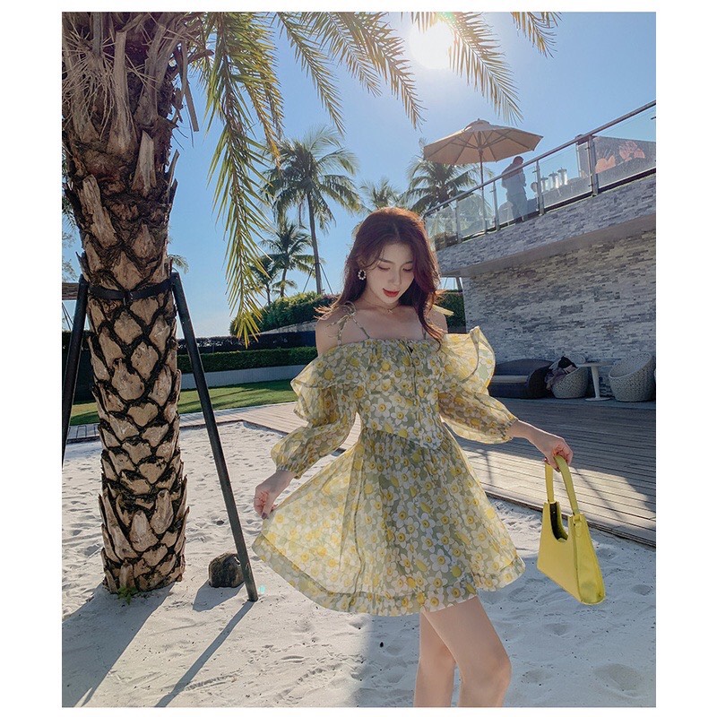 ĐẦM HOA TRỄ VAI HÒA MINZY ĐI BIỂN PHONG CÁCH TIỂU THƯ SANG CHẢNH HÀNG QUẢNG CHÂU CHẤT LIỆU PHOM DÁNG Y HÌNH