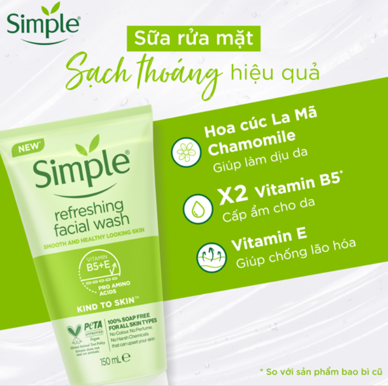 Combo Chăm sóc da mặt toàn diện với Sữa rửa mặt Simple sạch thoáng không chứa xà phòng 150ml + Nước hoa hồng Simple 200ML & Nước tẩy trang Simple 200ML