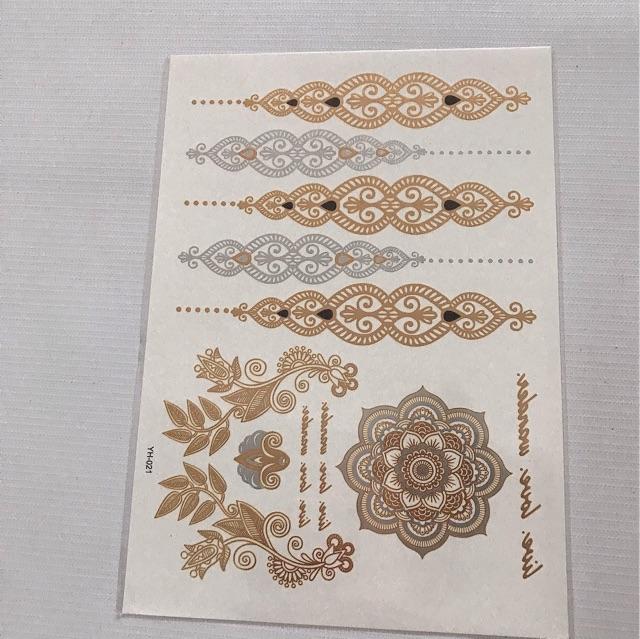 Hình xăm dán ánh kim hoa văn gold sắc vàng lấp lánh 15x21cm- mua 3 tấm giảm giá và tặng 10x20cm