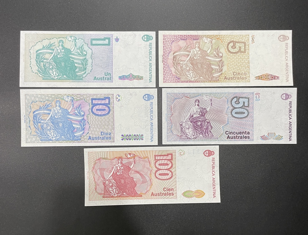 Bộ tiền của Argentina 5 tờ mệnh giá khác nhau 1 5 10 50 100 Pesos - Mới 100% UNC - tiền châu Mỹ