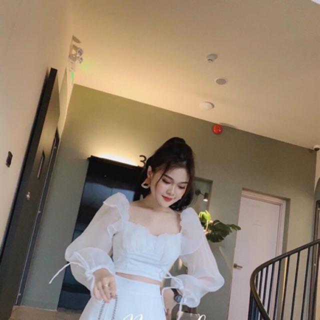 Sét áo đũi nhăn tay phồng phối voan tơ có mút ngực kèm chân váy umi xinh lung linh