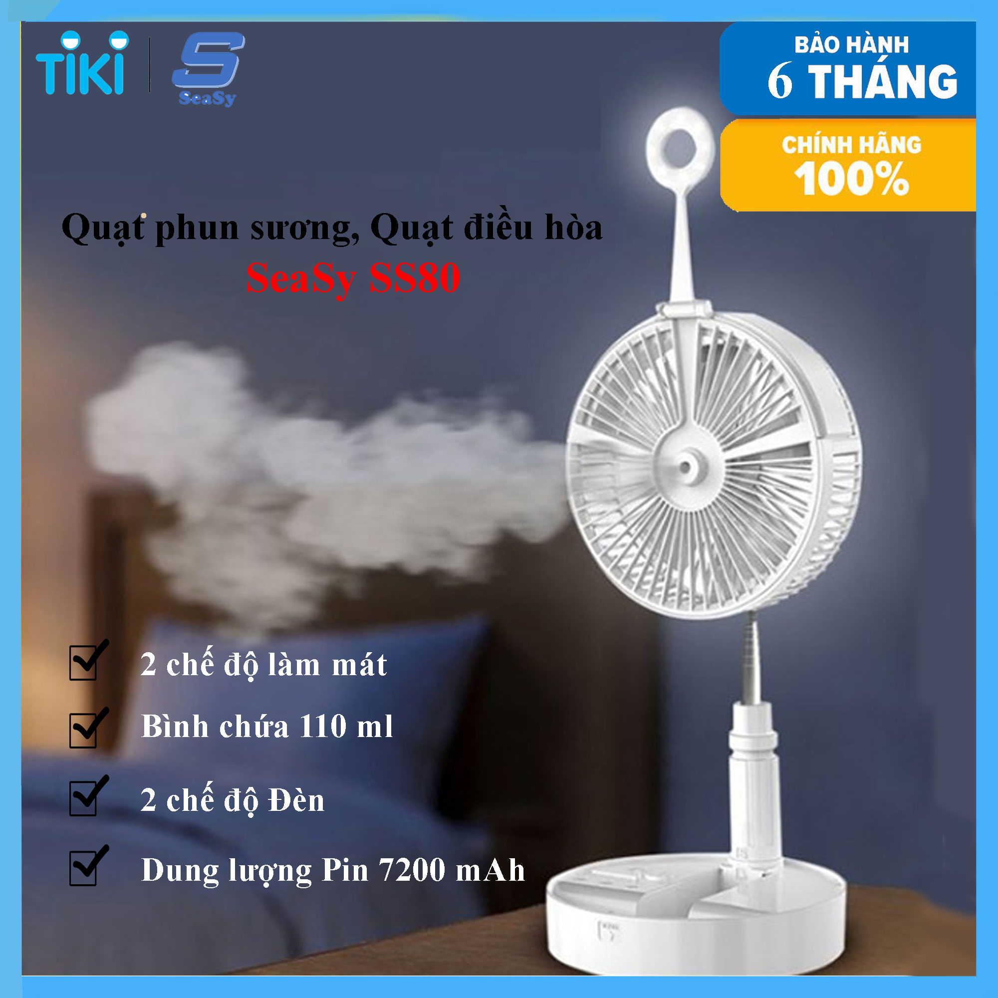 Quạt Hơi Nước, Phun Sương Làm Mát, Quạt Điều Hòa Không Khí SeaSy SS80, 3 Chế Độ Làm Mát, Pin 7200mAh, Tích Hợp Đèn Led, Dễ Dàng Gấp Gọn Hoặc Kéo Dài, Vừa Quạt Vừa Phun Sương Liên Tục, Không Gây Tiếng Ồn – Hàng Chính Hãng