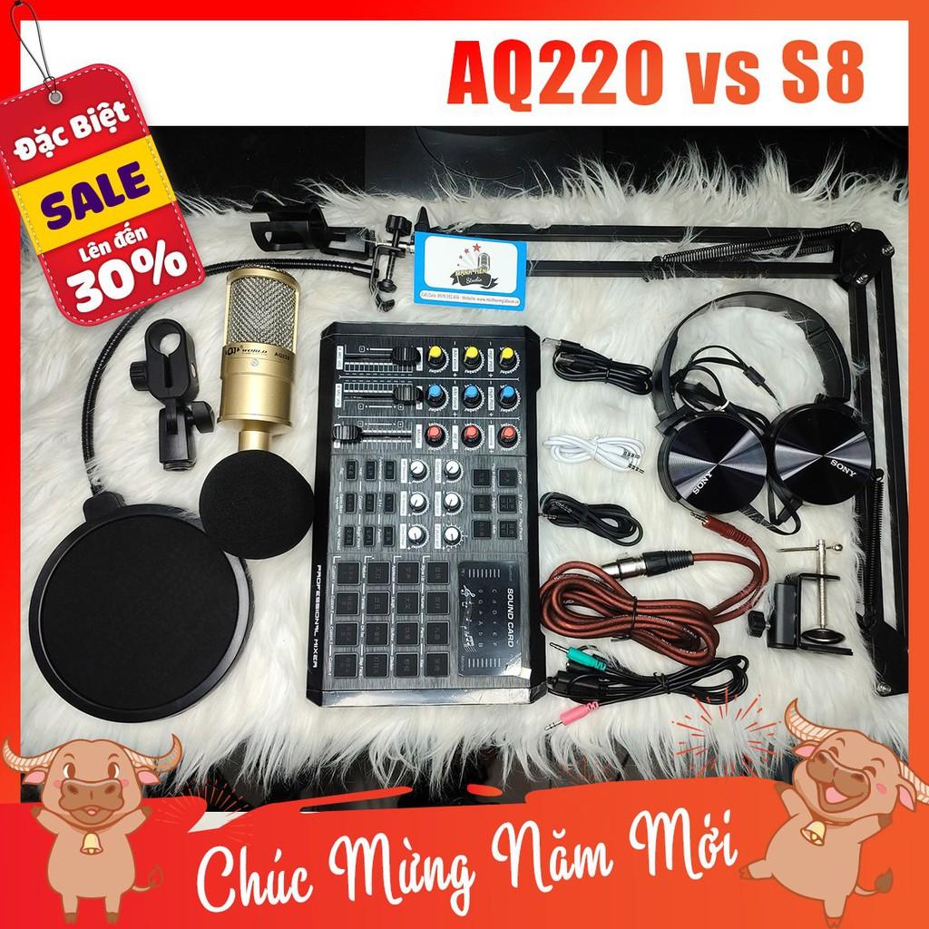 Combo Mic Thu Âm Aq220 + SoundCard S8 + full phụ kiện livestream karaoke thu âm cao cấp giá lẻ = sỉ