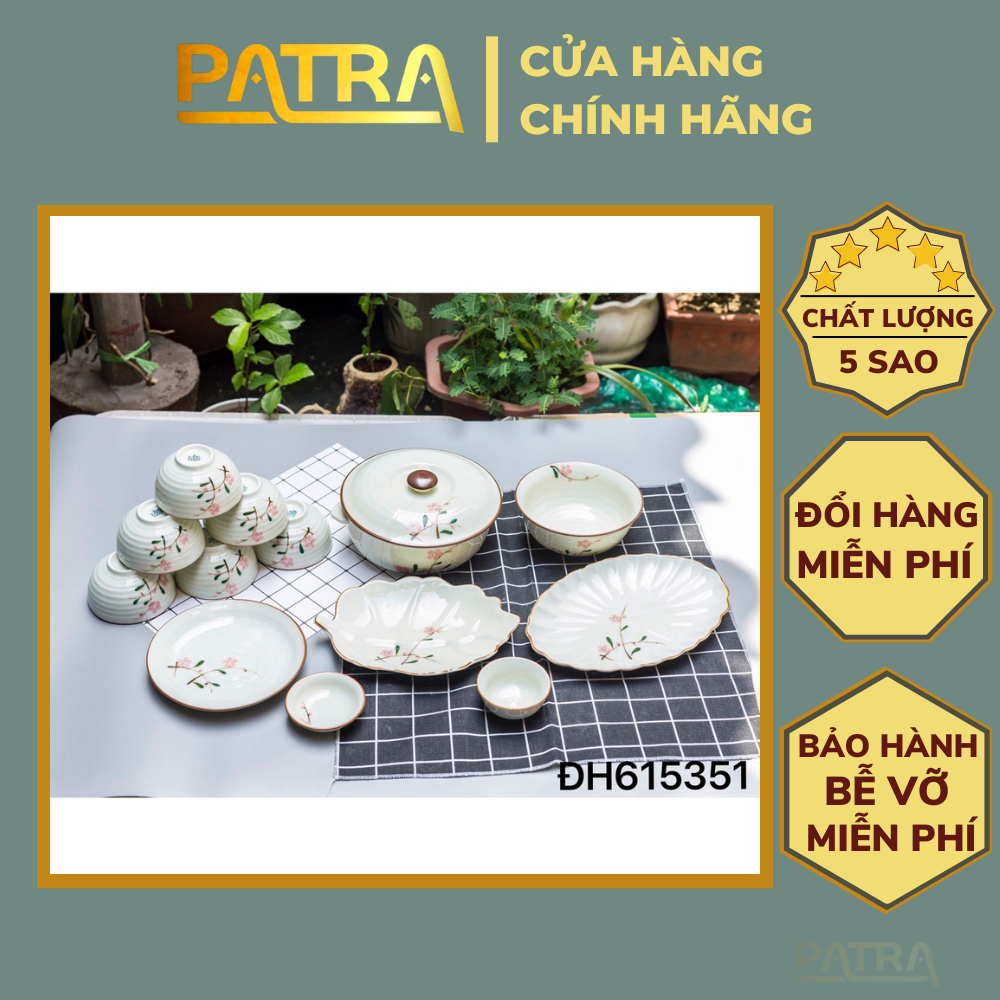 Bộ bát đĩa men kem Bát Tràng cao cấp vẽ hoa đào hồng nhiều mẫu chọn lựa